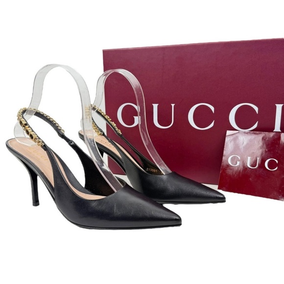 Gucci Black Slingback Heels with Gold Chain - Picture 1 of 7